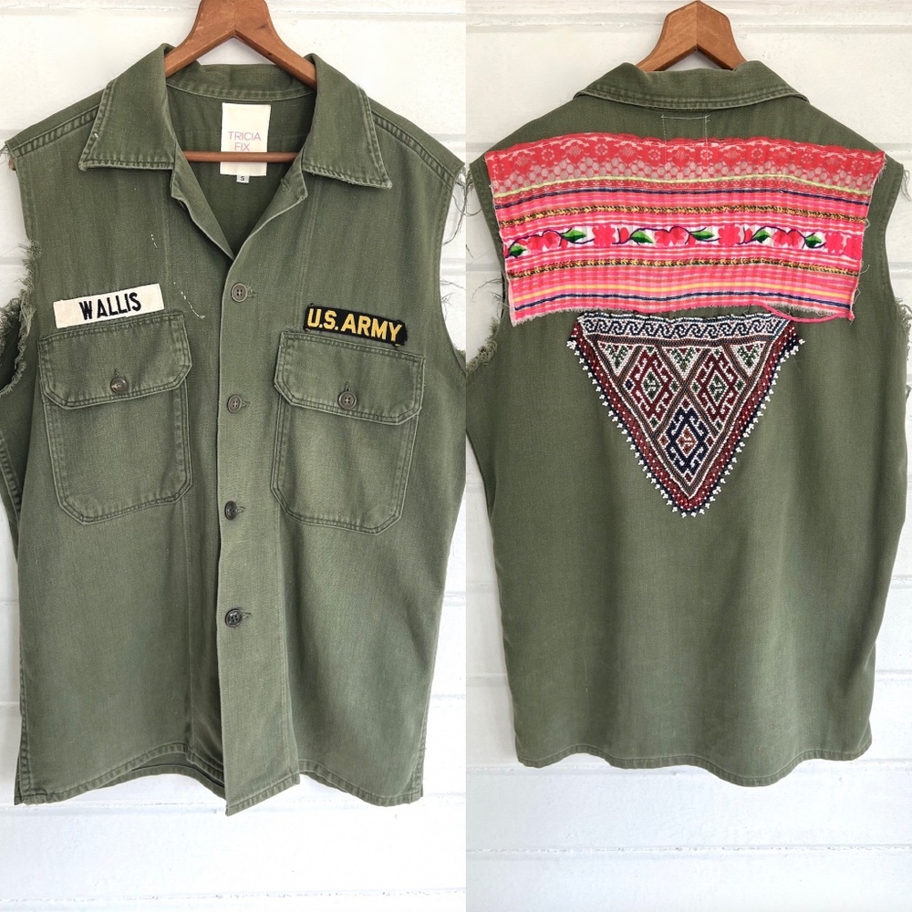 TRICIA FIX Embellished Vintage Army Jacket with Cut Off Sleeves - S